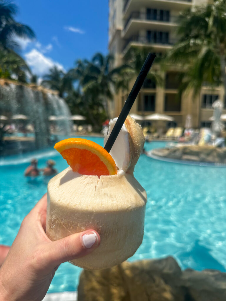 Best resort for kids in Palm Beach County-view of coconut drink at pool